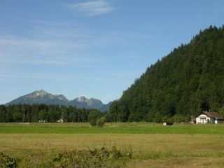 Weite Wiesen vor bewaldeten Bergen